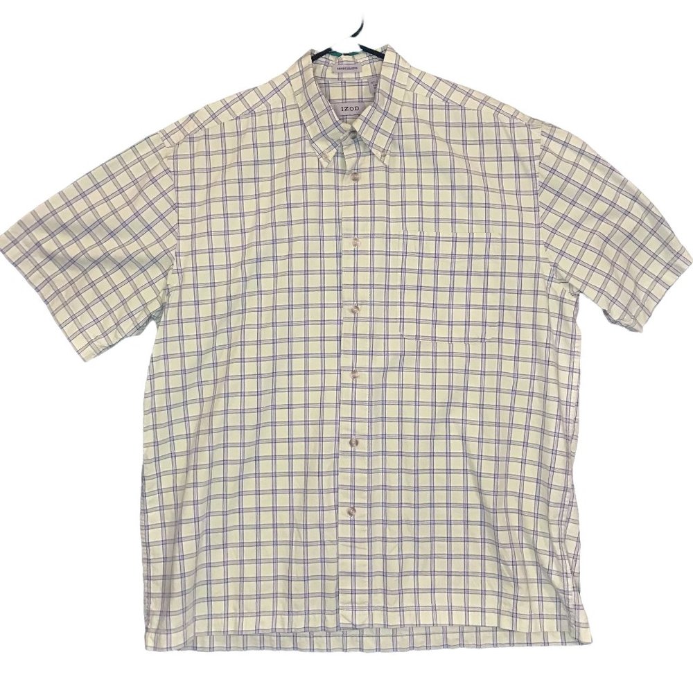 Izod 100% Cotton Men’s Large Yellow Checkered Pattern Short Sleeve Button Down